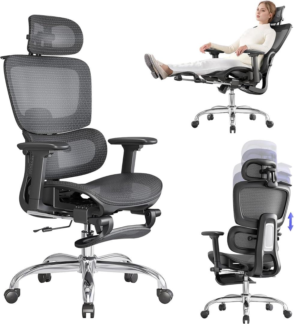 Office Chair with Footrest, Ergonomic Chair with 3D Headrest, Computer Chair with Adjustable Backrest & 3D Armrest, Gaming Chair with Adaptive Lumbar Support, Mesh Backrest & Cushion, Black, 19.7" W x 18.9" D x 48" H
