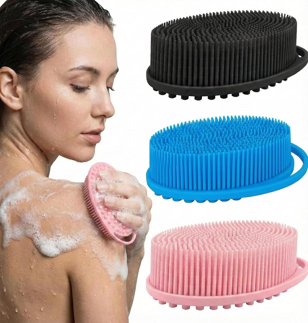 Silicone Body Scrubber Exfoliating 3 Pack, Shower Scrubber for Body,Loofah Alternative for Women Men, 2 in 1 Bath and Shampoo Brush with Handle,Body Exfoliator Tool for Skin, Back,Showering (3Pack-Black Blue Pink)
