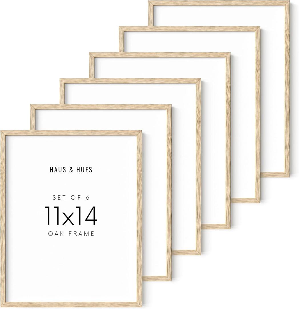 HAUS AND HUES Beige Oak Wood 11x14 Picture Frame - Modern Wood Wall Art Display - Lightweight 11x14 Frame for Art Prints, Photos, Posters - Ready-to-Hang Vertically & Horizontally (Set of 6)