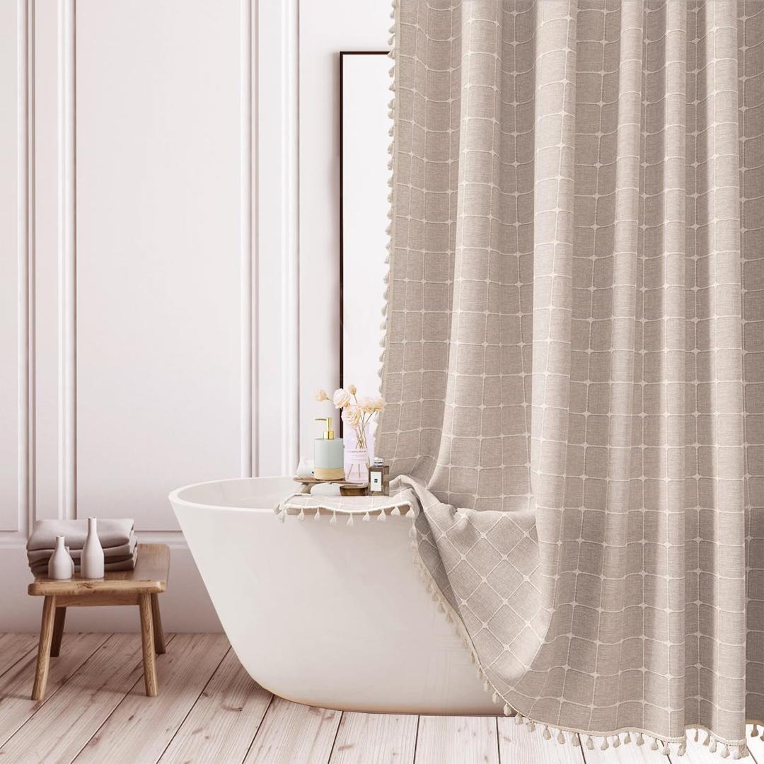 Farmhouse Plaid Shower Curtain - Boho Checkered Fabric Shower Curtains for Bathroom, Cute Wrinkle Free Bathroom Curtain Set with Tassel - Bohemian Vintage Shower Curtain Extra Long XL 71x83 (Taupe)