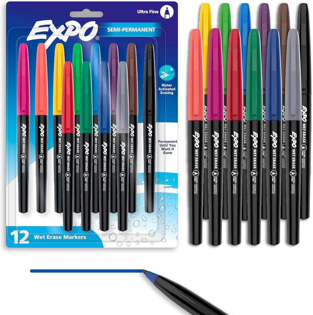 EXPO Wet Erase Markers, Semi-Permanent, Assorted Colors, Ultra Fine Tip, 12 Count - For Writing on Glass, Whiteboards, Mirrors, Calendar, Labeling, Organizing