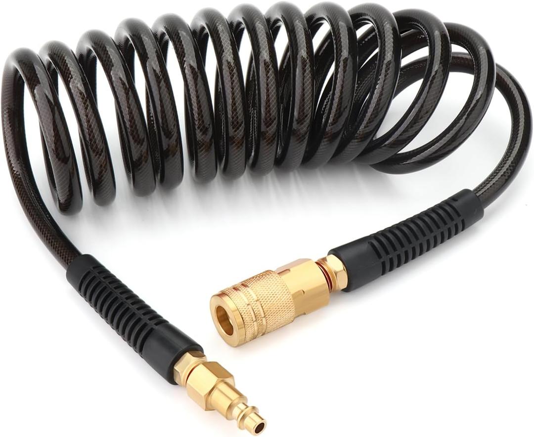 GASHER 1/4" x 10FT Black Reinforced Polyurethane Recoil Air Hose with Bend Restrictor, 1/4" Industrial Quick Coupler and Plug