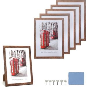 8.5x11 Picture Frame Set of 6, Certificate Document Frame Set with Display Box, Rustic Style Antique Brown Wood Grain Photo Frame Suitable for Desktop Display and Wall Decoration.