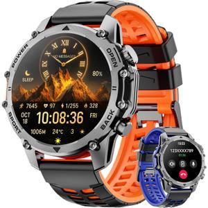 Smart Watch (Call/Notification),1.52'' Military Smart Watches for Men, Two Style Kits,Flashlight,100+Sport Modes/Heart Rate/Sleep Monitor/Pedometer, Fitness Tracker Android Phones iPhone Compatible (Orange-blue)