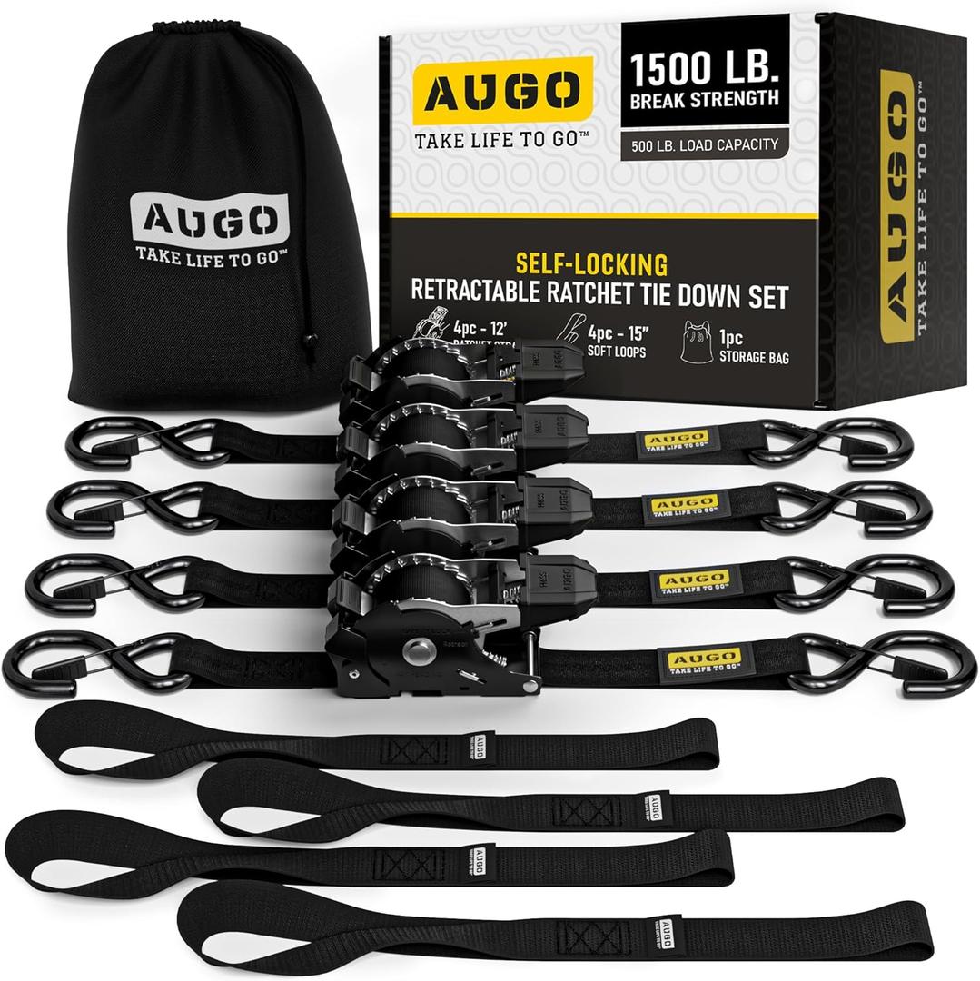 AUGO Self-Locking Retractable Ratchet Straps | 4 Heavy Duty Self-Tensioning Retractable Tie Down Straps with Soft Loops & Storage Bag | for Motorcycle, Truck, Cargo | 1500Lb Break Strength 1 x 12 (Black)