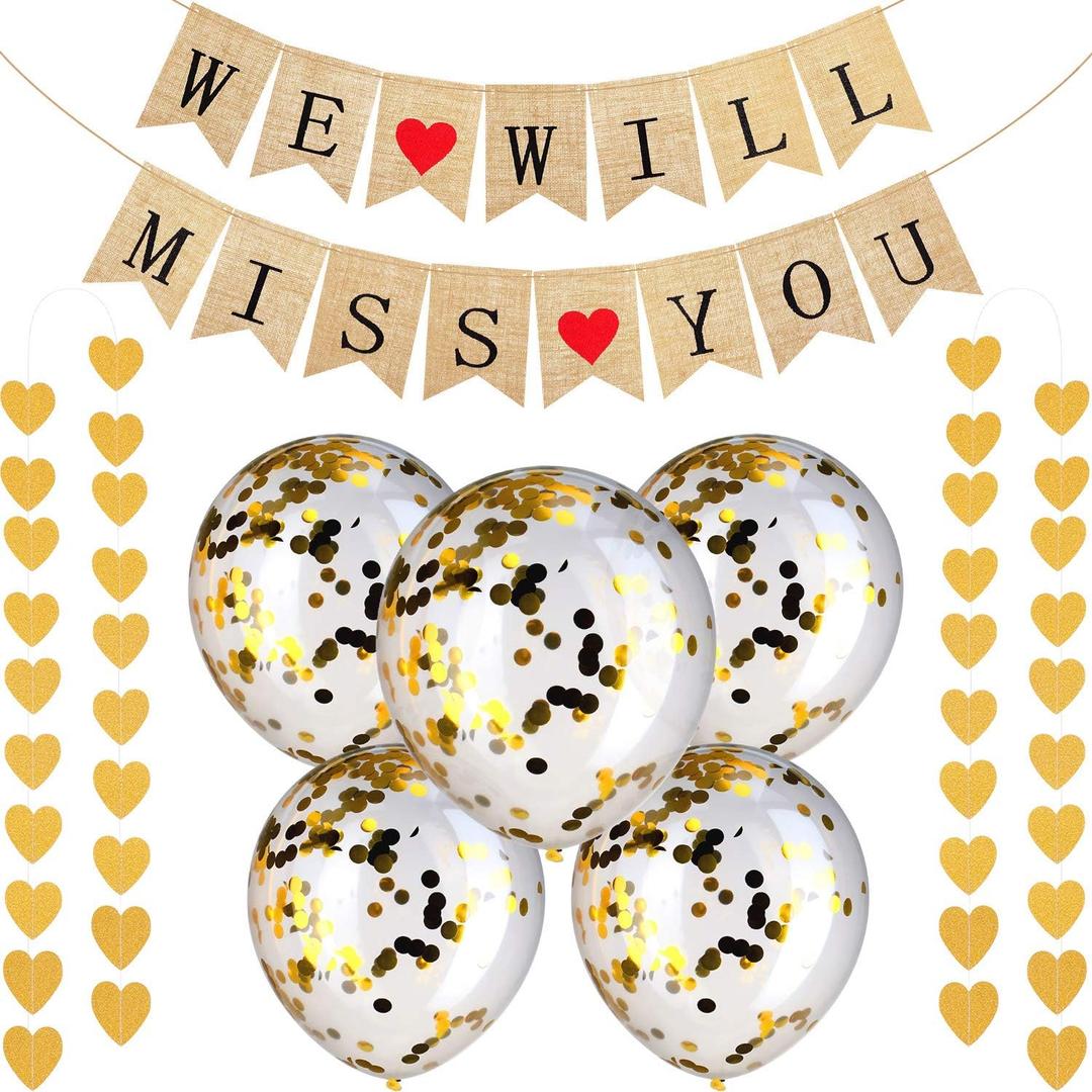 Gejoy Farewell Party Decorations Supplies Kit 14 Pcs We Will Miss You Banner Burlap Bunting Banner Gold Glitter Confetti Balloons Heart Garland Flags for Retirement Farewell Going Away Job Change