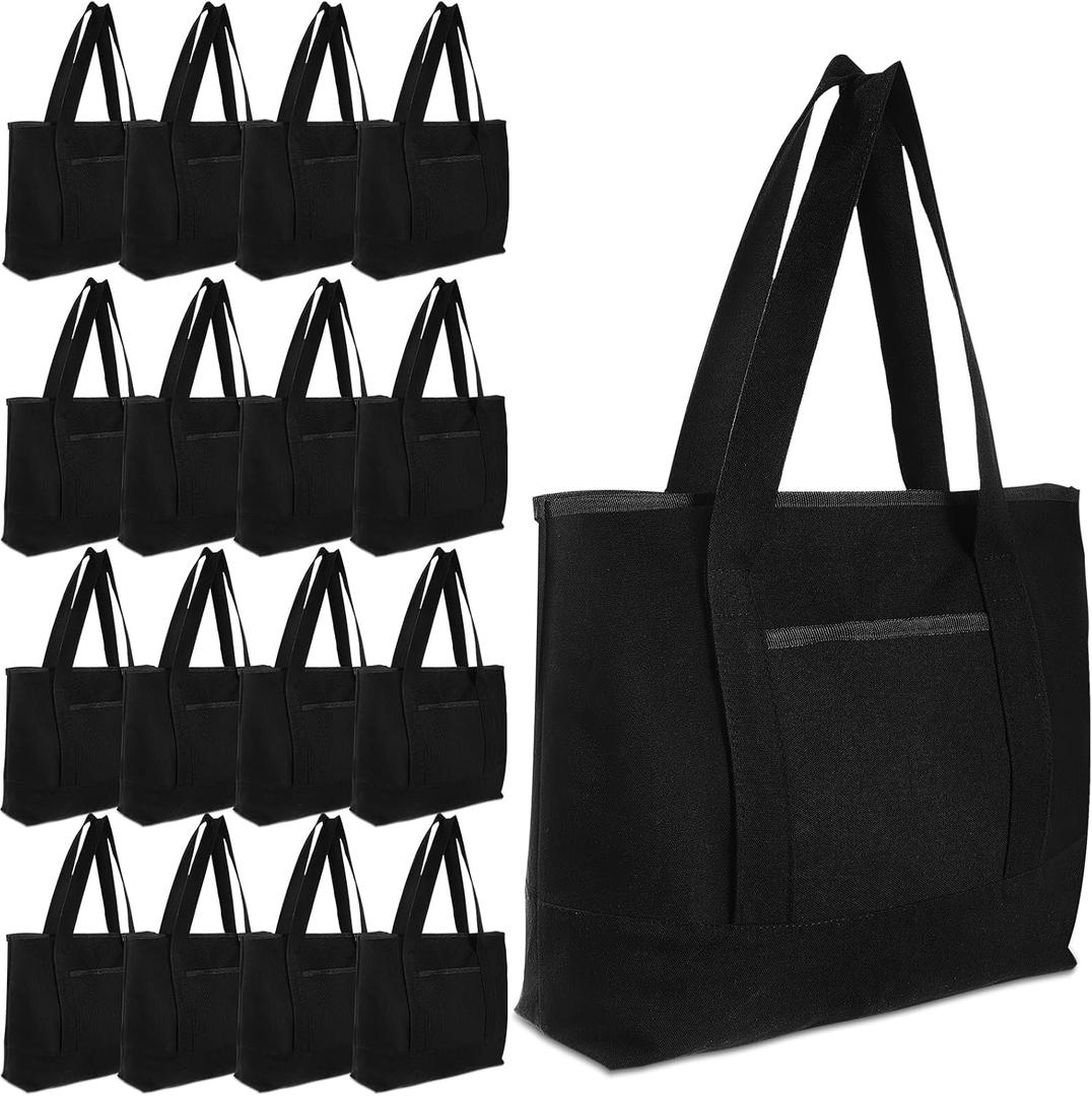 Reginary 16 Pcs Canvas Tote Bags Bulk with Outer Pocket 18 Inch Reusable Shopping Grocery Blank Tote Bag for Women Mother DIY (Black), Large