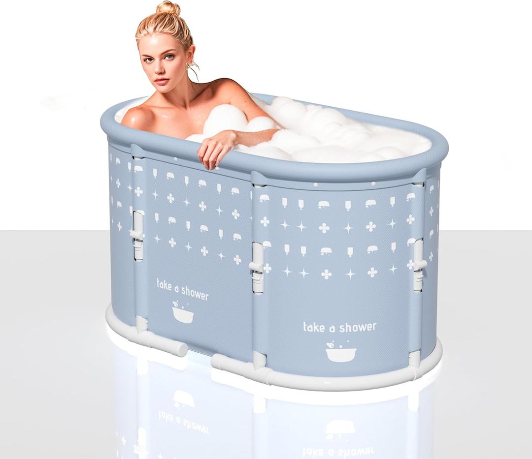 37.4" Extra Large Foldable Bathtub, Portable tub for Adult,Families Soaking Bathtub, Non-Inflatable,Lightweight,One second collapsible Ice Bath Tub(Ovel, Blue & White Flowers)