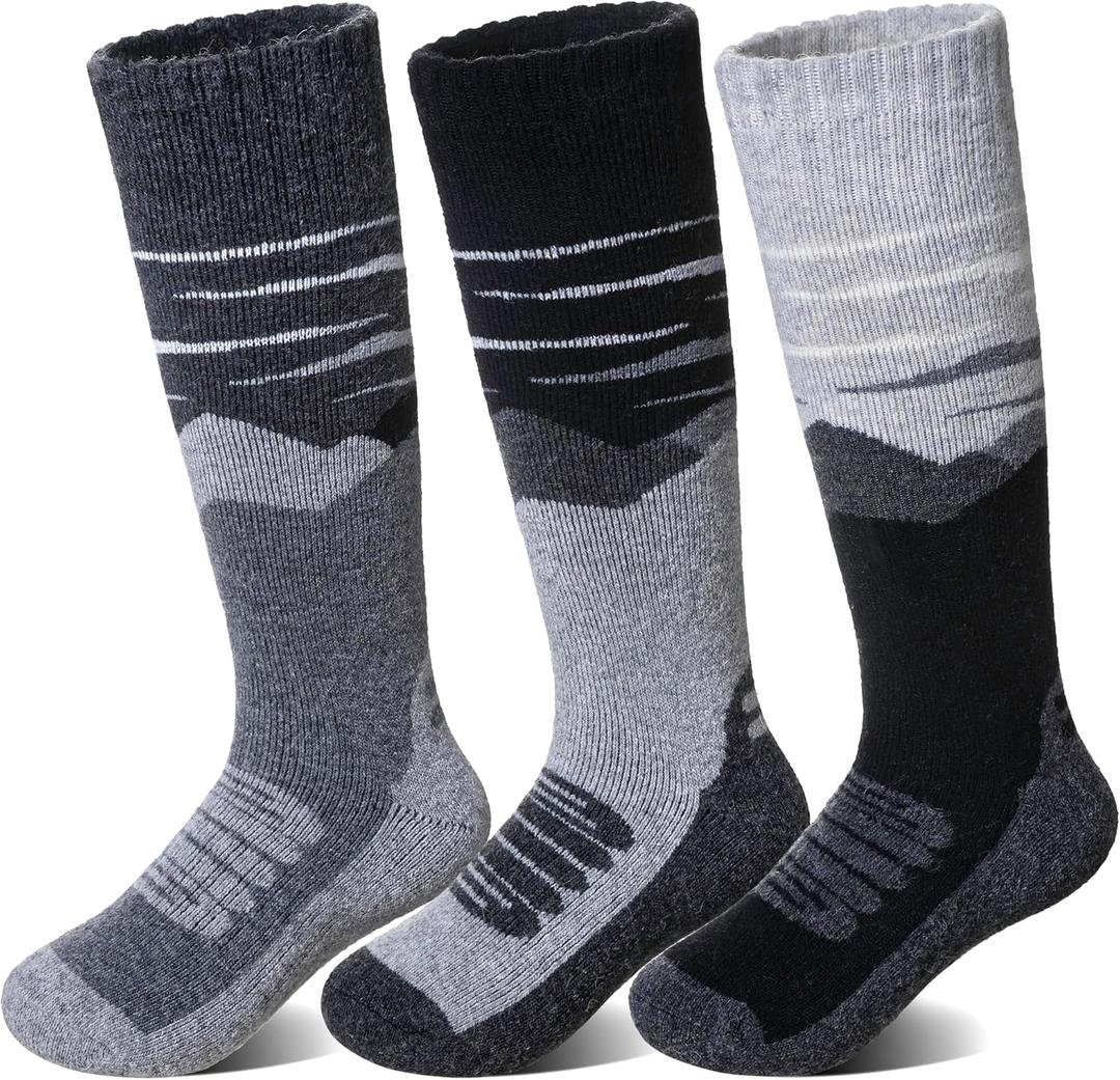 SeeyAN Kids Merino Wool Ski Socks Boys Girls Thermal Warm Boot Thick Winter 3 Pairs Cozy Socks For Skiing & Snowboarding (13-15 Years, Black/Grey/Dark Grey)