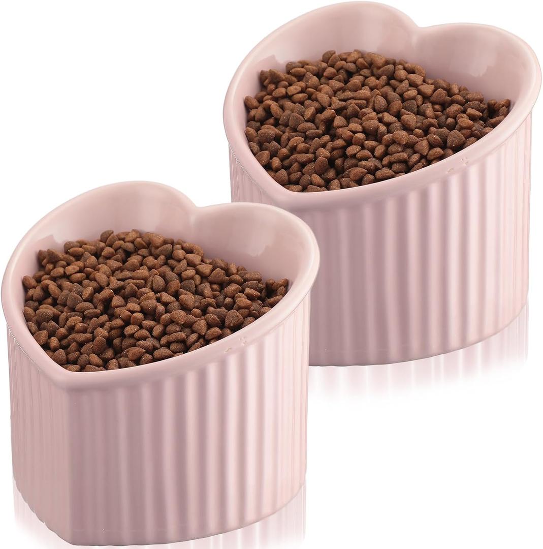 Raised Tilted Cat Food Bowls, Elevated Ceramic Cat Bowls, Love Heart Shape, Slanted Pet Feeding Dishes, Stress Free Feeder Bowl for Kitty, Small Cats, Protect Pet's Spine, 2 Pack(Pink&Pink)