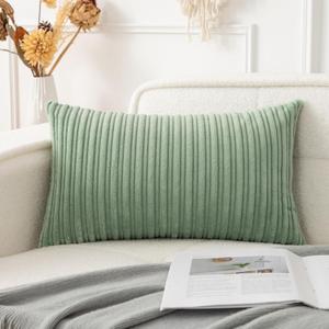UGASA Velvet 12x20 Inch Lumbar Soft Throw Pillow Cover Farmhouse Decorative Corduroy Striped Both Sides Solid Rectangular Cushion Case for Couch Bedroom Sofa Home, 1 Piece, Sage Green