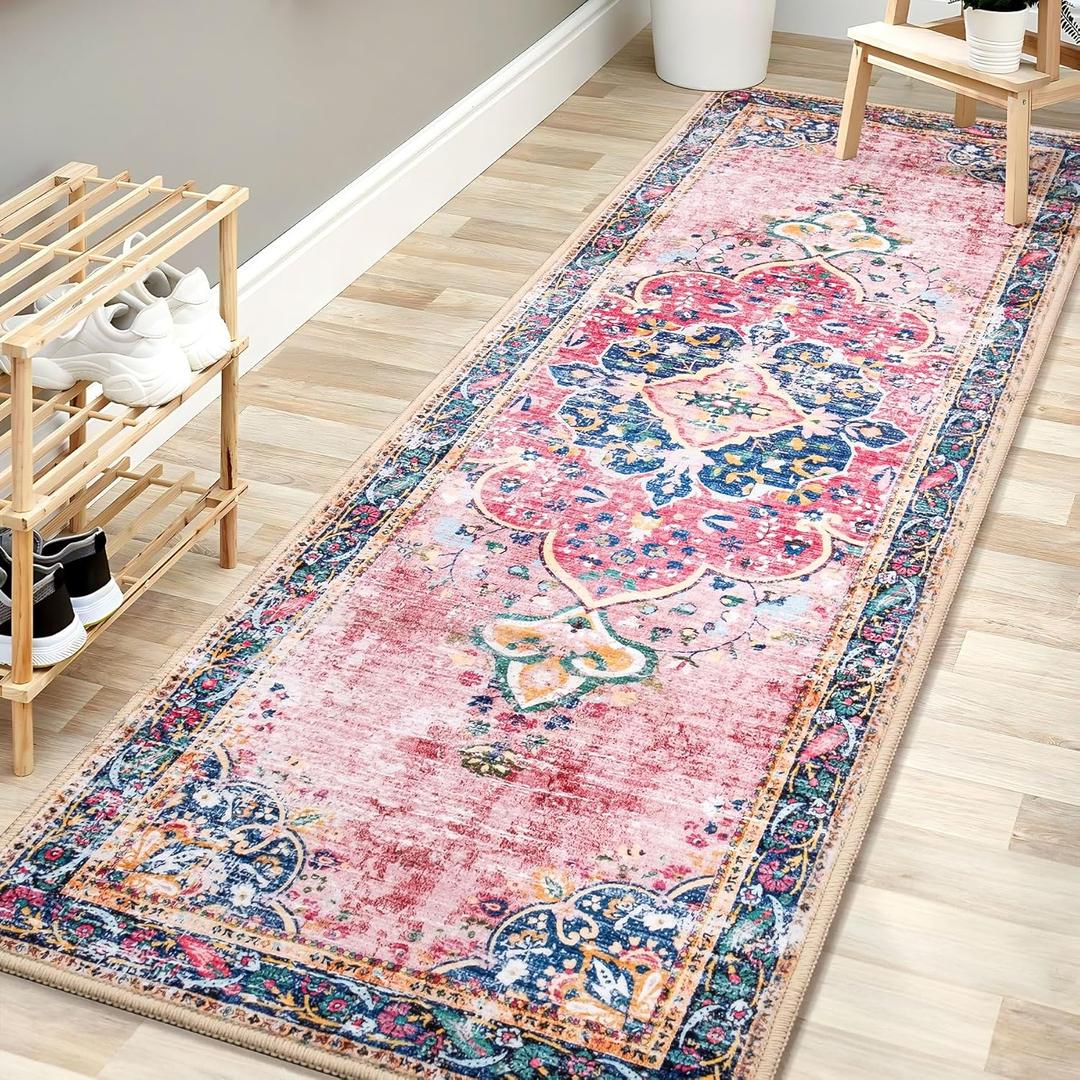 Washable Runner Rug 2x6 Pink Boho Area Rug for Hallway Entryway Kitchen Laundry Room Bathroom Bedroom Non Slip Blush Vintage Rug Indoor Carpet