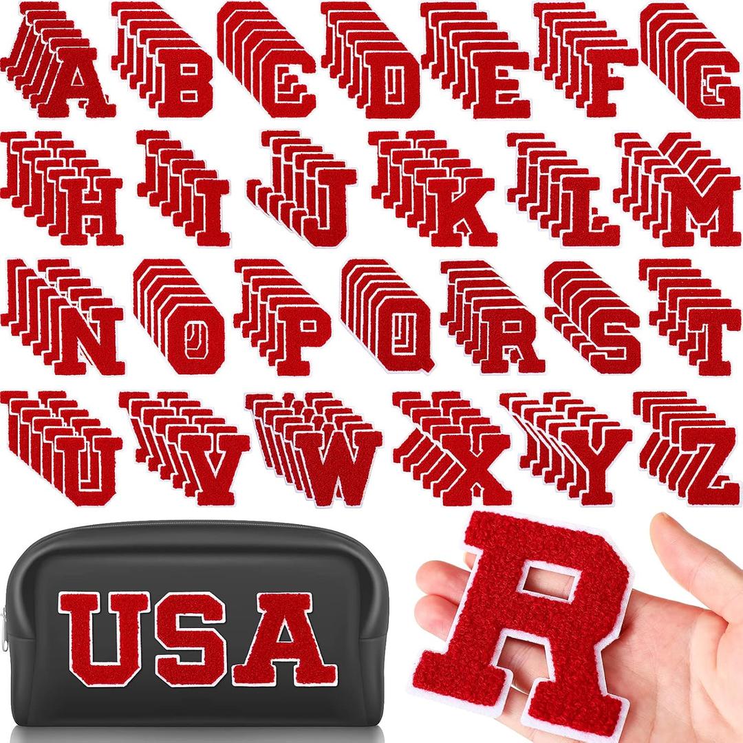 Jutom 156 Pieces Chenille Letter Patches Iron on Bulk Large 3.2 h x 2.4 w College Letters Patches Clothing Embroidered Trimmed Preppy Alphabet for Letterman Jackets Jeans (Red)