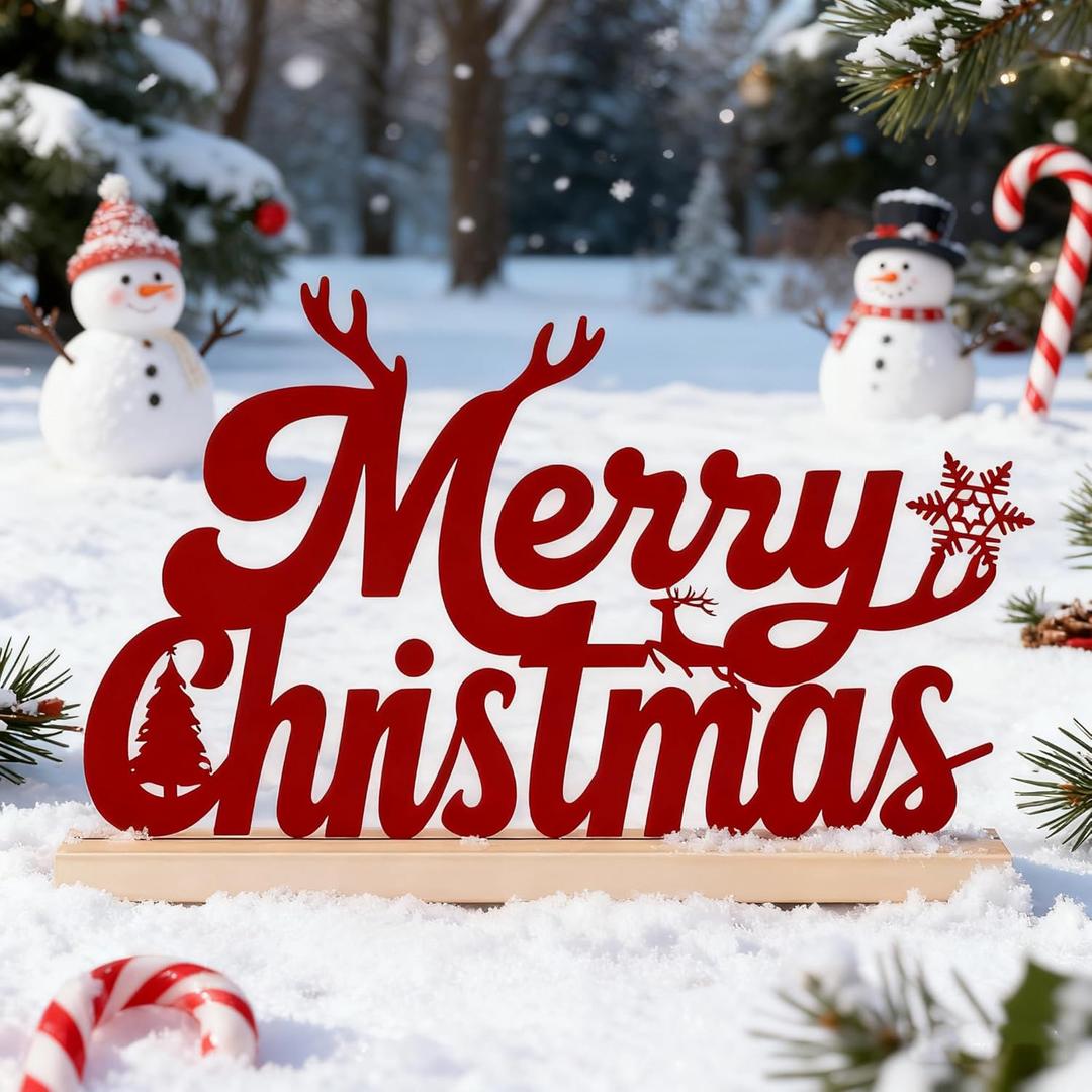 Merry Christmas Sign Red Metal Xmas Letters with Wooden Base Christmas Centerpieces for Mantel Kitchen Office Shelf Desk Tabletop Tiered Tray Decor Reindeer Tree Snowflake Home Table Decorations