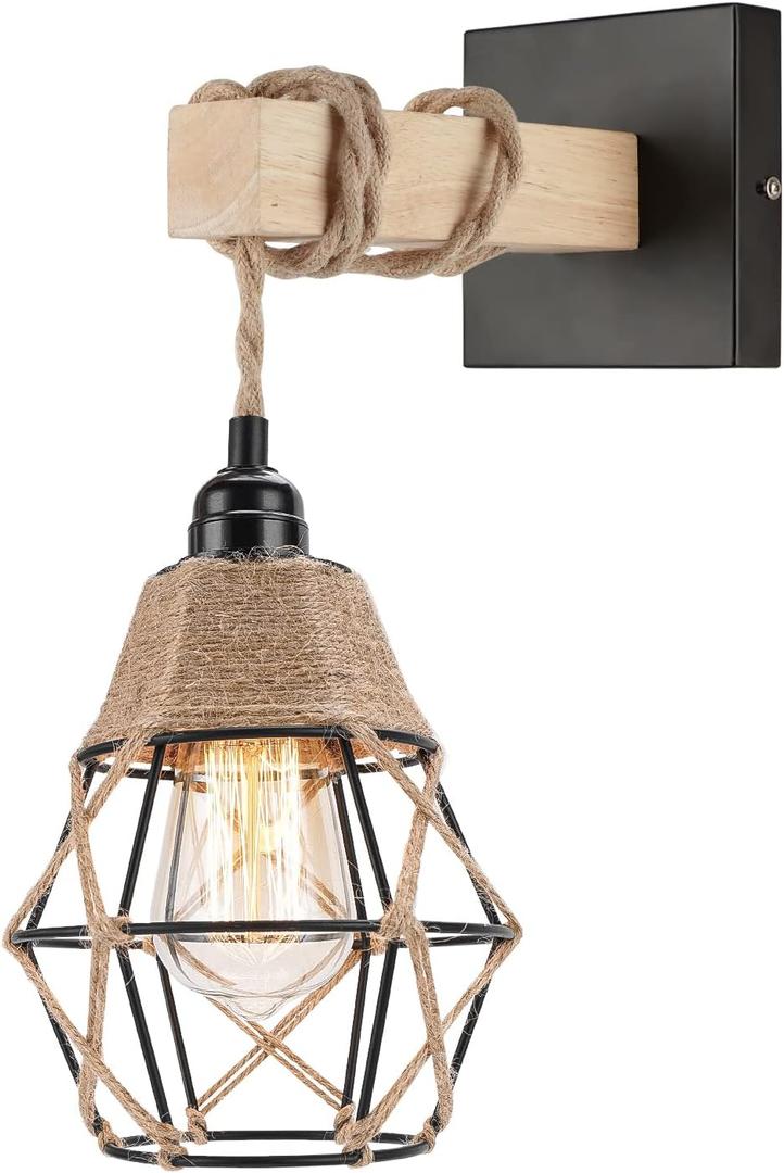 Farmhouse Rustic Wall Sconce with Switch | Handwoven Hardwired Boho Sconce Light | Dimmable Indoor Wall Mount Lamp for Bedroom, Living Room, Hallway | Home Wall Decor Lighting