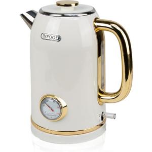 Retro Electric Kettle, 2L / 67oz Hot Water Kettle Electric with Thermometer, 1200W Fast Heating Stainless Steel Tea Kettle for Boiling Water, Cordless, LED Indicator, Auto Shut-Off, White Gold
