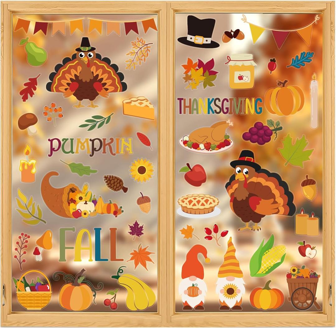 136 Pcs Fall Window Clings Decoration Thanksgiving Harvest Window Clings Cute Cartoon Turkey Pumpkin Leaf Stickers for Party Classroom Home Office Decoration
