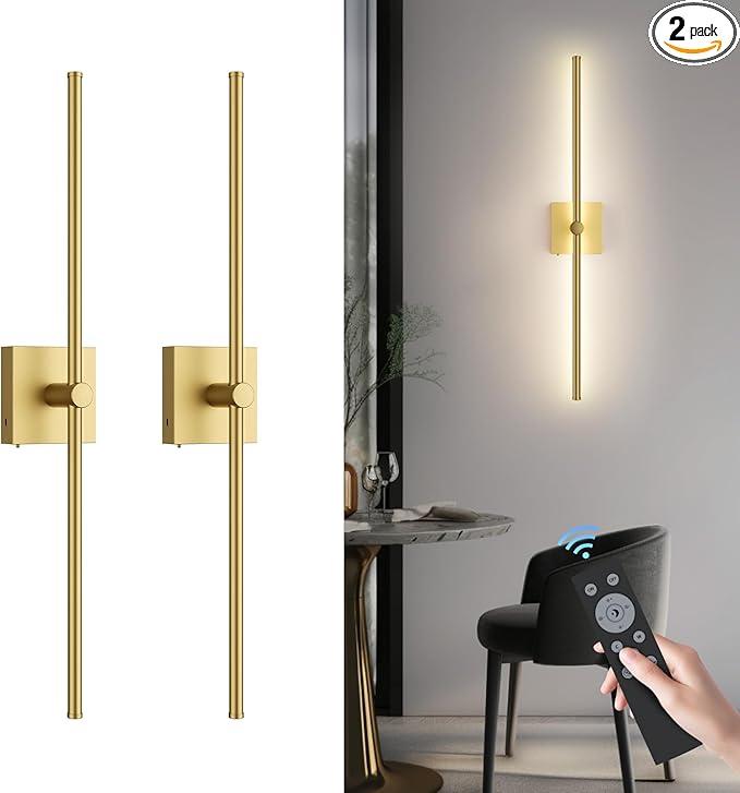 Battery Operated Wall Sconce with Remote Control, 10000mAh Dimmable Wall Sconces Set of Two, 2700K-6500K Adjustable, 7 RGB Colors, Rechargeable LED Wireless Wall Lights for Bedroom, Gold, 32 Inch set of 2