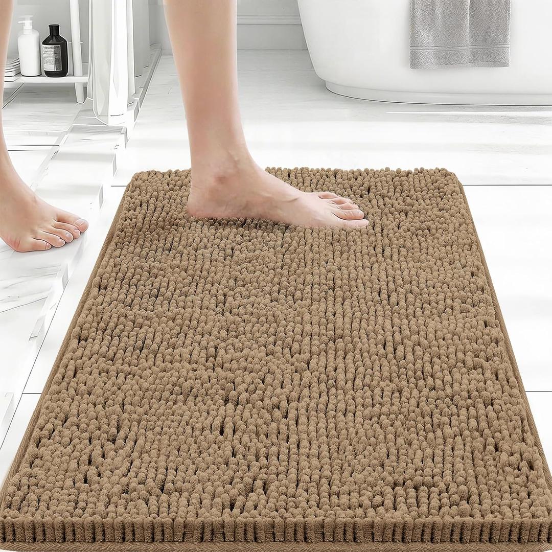 Bcoimo 24x17 Chenille Bath Mat  Non-Slip with Backing Bath Rug Ultra-Absorbent and Machine Washable Bathroom Mat Quick-Dry Design. Ideal for Bathroom Shower and Tub Areas (Khaki)