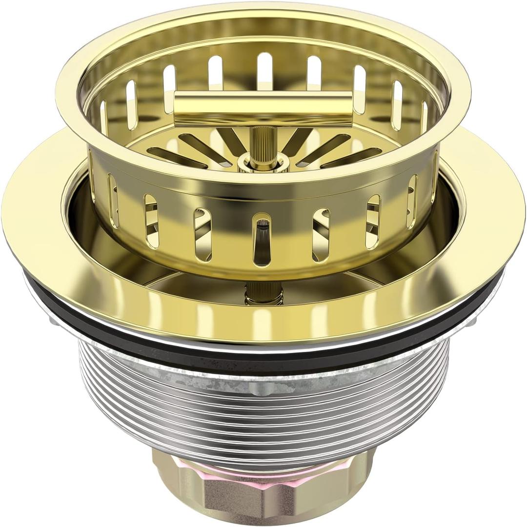 BOTEMY B9171 Gold Kitchen Sink Drain Kit 3 1/2 Sink Strainer for Kitchen Sink with Stainless Steel Strainer Stopper Drain Assembly Basket Strainer Fit Standard Sink Drain Hole