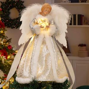 Angel Christmas Tree Topper with Lights, 8 Modes Tree Ornament with Timer, Battery Operated Lighted Treetop Ornaments Indoor Decorations (Silver Skirt With 1 Star)