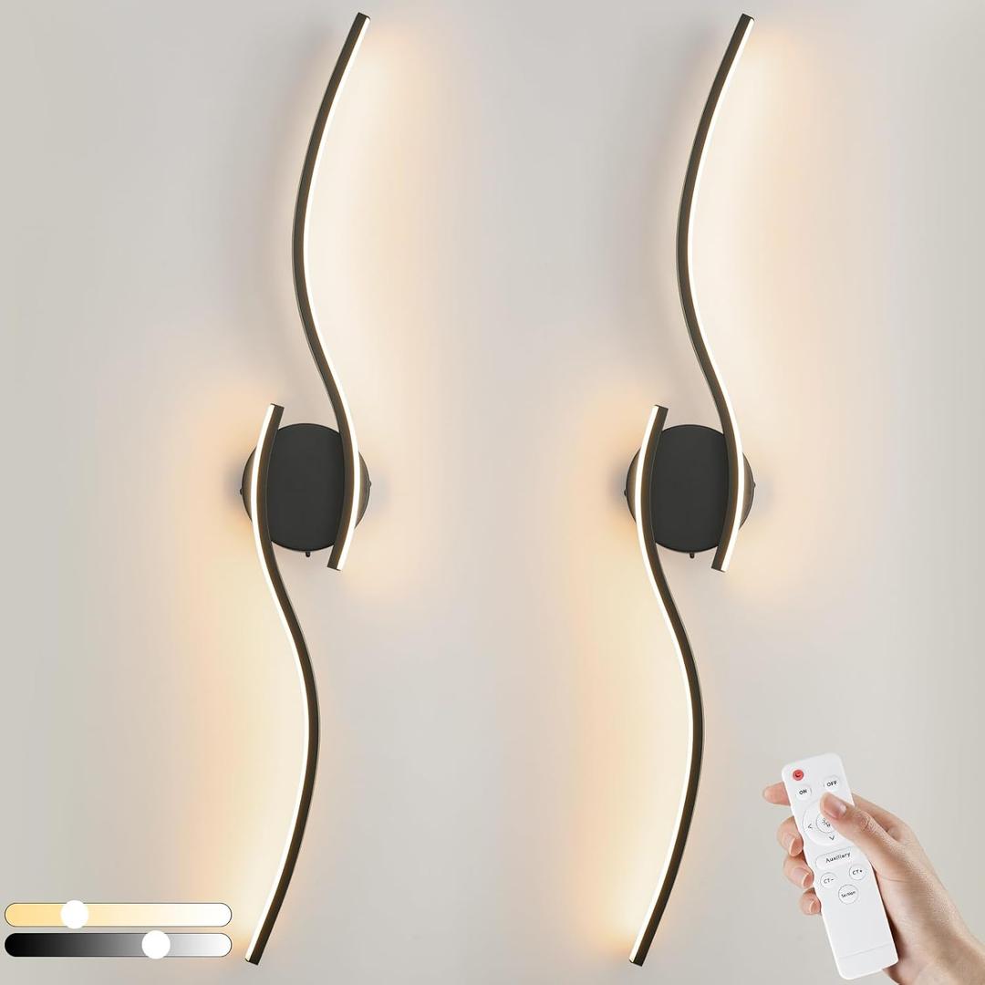 Hardwired Modern LED Wall Sconce Set of Two, 3000K-6000K Dimmable Wall Light Lighting with Remote Control, Black Bathroom Vanity Light Fixtures Over Mirror for Bedroom Living Room Hallway, 35 inch