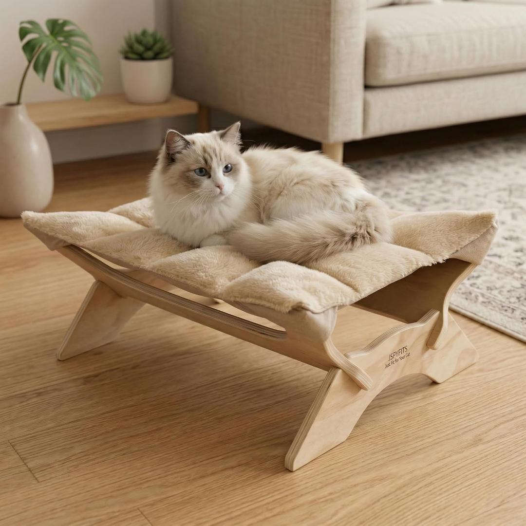 JSPYFITS Elevated Cat Bed Hammock, Raised Orthopedic Dog Bed with Dual-Sided Plush & Linen Cushion, Modern Cat Furniture for Medium to Large Cats, Easy Assembly(Beige)