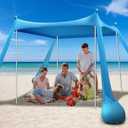Beach Tent Canopy UPF50+ Protection, 10x10FT Beach Shade Sun Shelter Pop Up with 4 Stability Poles, Sandbags, Sand Shovels, Ground Pegs, Carrying Bag for Outdoor Family Camping Fishing Picnics