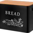 TeamFar Bread Box with Wooden Lid, 13.1 x 7.2 x 9.7 Metal Bread Container Storage Holder for Family Farmhouse Kitchen Countertop, Powder-Coated & Healthy, Large Capacity & Classic Pattern (Black)
