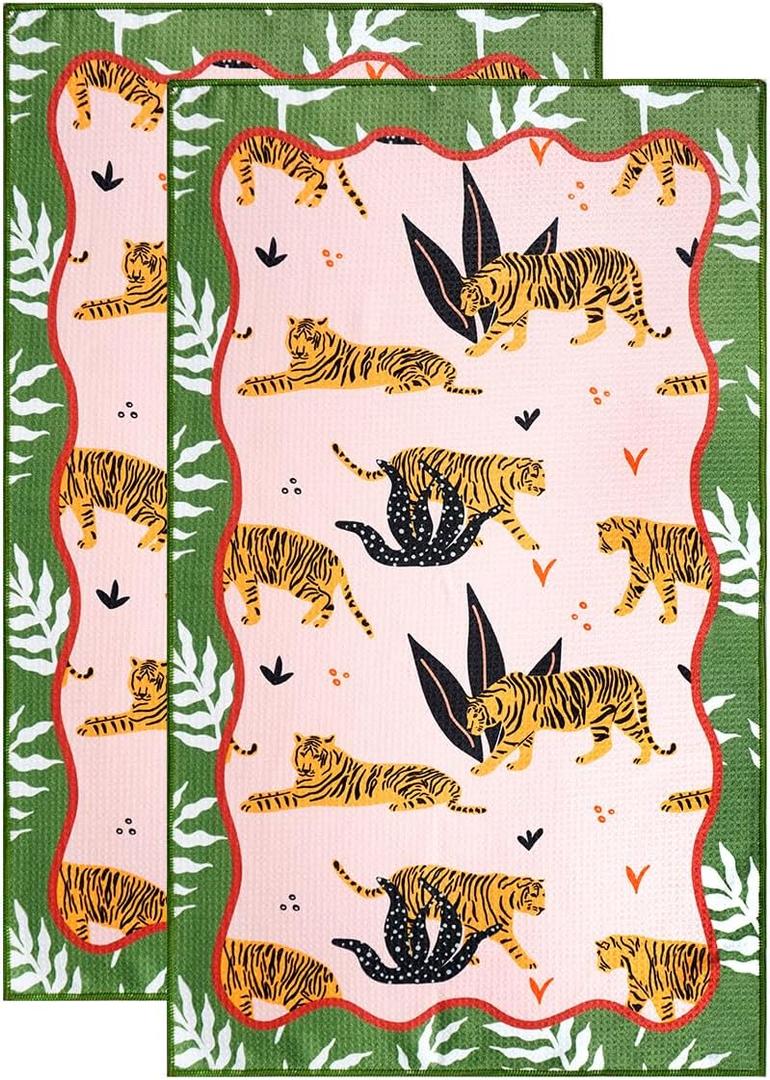 KAF Home Haven Kitchen Tea Towel - Set of 2 Quick Drying Microfiber Cloth Towels - 18 x 30 - Big Cats