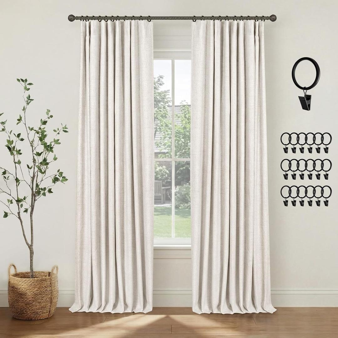 INOVADAY 100% Blackout Curtains for Bedroom, Black Out Curtains 90 Inch Long, Clip Rings Linen Blackout Drapes, Thermal Insulated Room Darkening for Living Room, 2 Panels - Beige,W50xL90