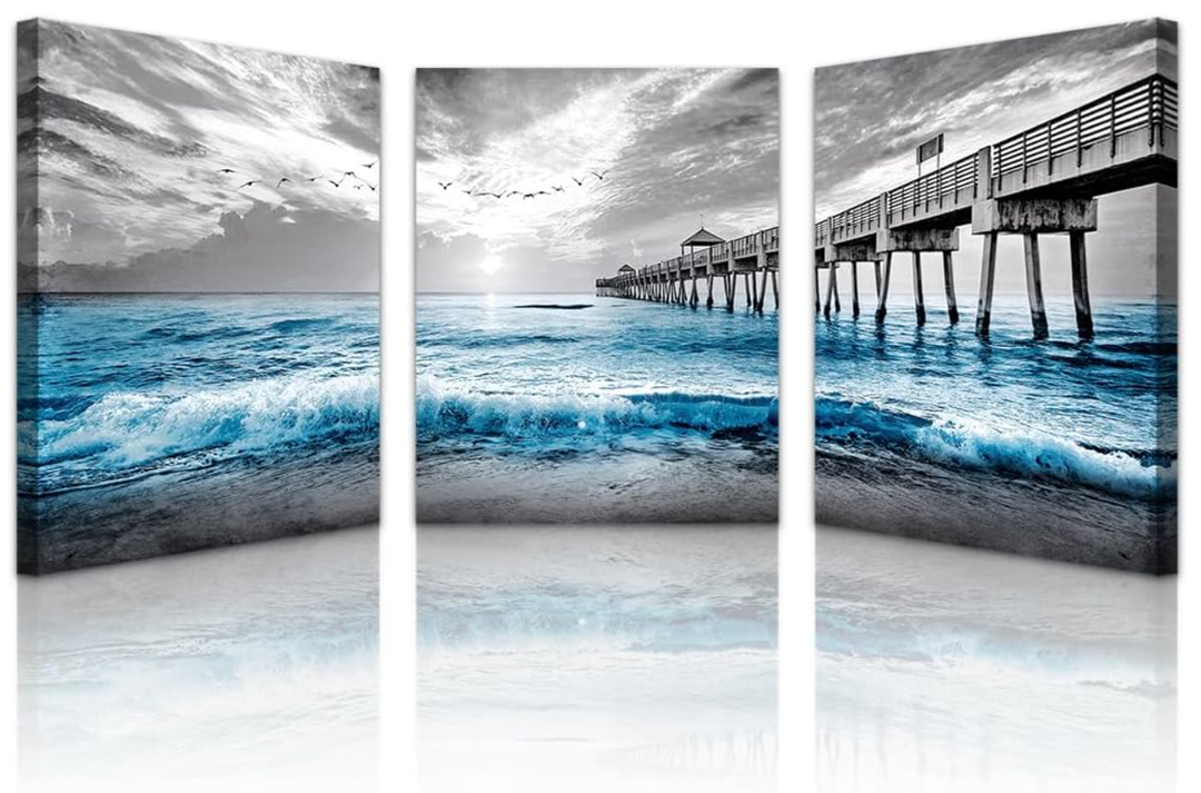Lapremoly Black And White Beach Wall Paintings Wall Decorations For Living Room Canvas Wall Art For Bedroom Office Wall Decor Blue Ocean Sea Wave Pictures Prints Artwork Modern Home Decor 3 Piece