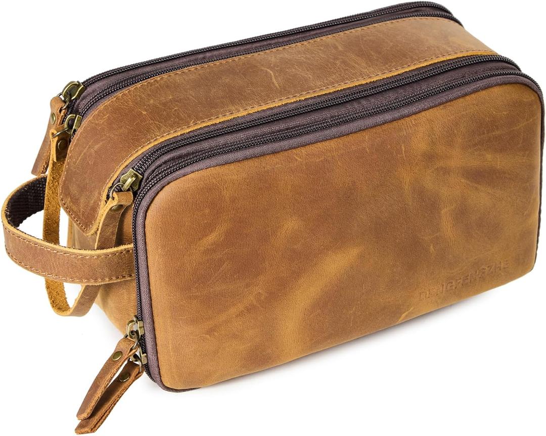 Toiletry Bag for Men, Full Grain Leather Travel Pouch Shaving Dopp Kit Bathroom Toiletries Organizer Bags, Brown