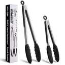 HOTEC Premium Stainless Steel Locking Kitchen Tongs with Silicon Tips, Set of 2-9" and 12"