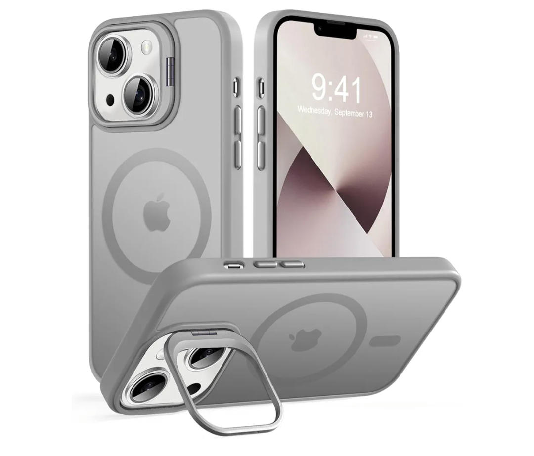 Magnetic for iPhone 13 Case & iPhone 14 case, Compatible with Magsafe, Built-in Stash Stand, Matte Scratch-Resistant Back Cover Shockproof Phone Case for iPhone 13/ iPhone 14, Titanium Gray