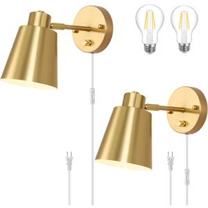 VATONI Plug in Wall Sconces, Dimmable Wall Sconces Adjustable Angle Wall Lights with Plug in Cord and Dimmer On/Off Knob Switch, Gold Wall Mounted Light for Bedroom Bedside Stairway(2 Pack, 2 Bulbs)