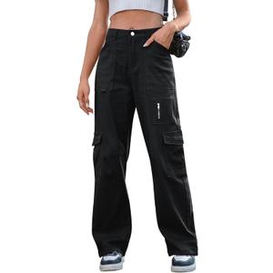 IVIR Cargo Pants Women High Waist Wide Leg Casual Pants with 7 Pockets Stretchy Drawstring Baggy Y2K Trousers (Black, S)