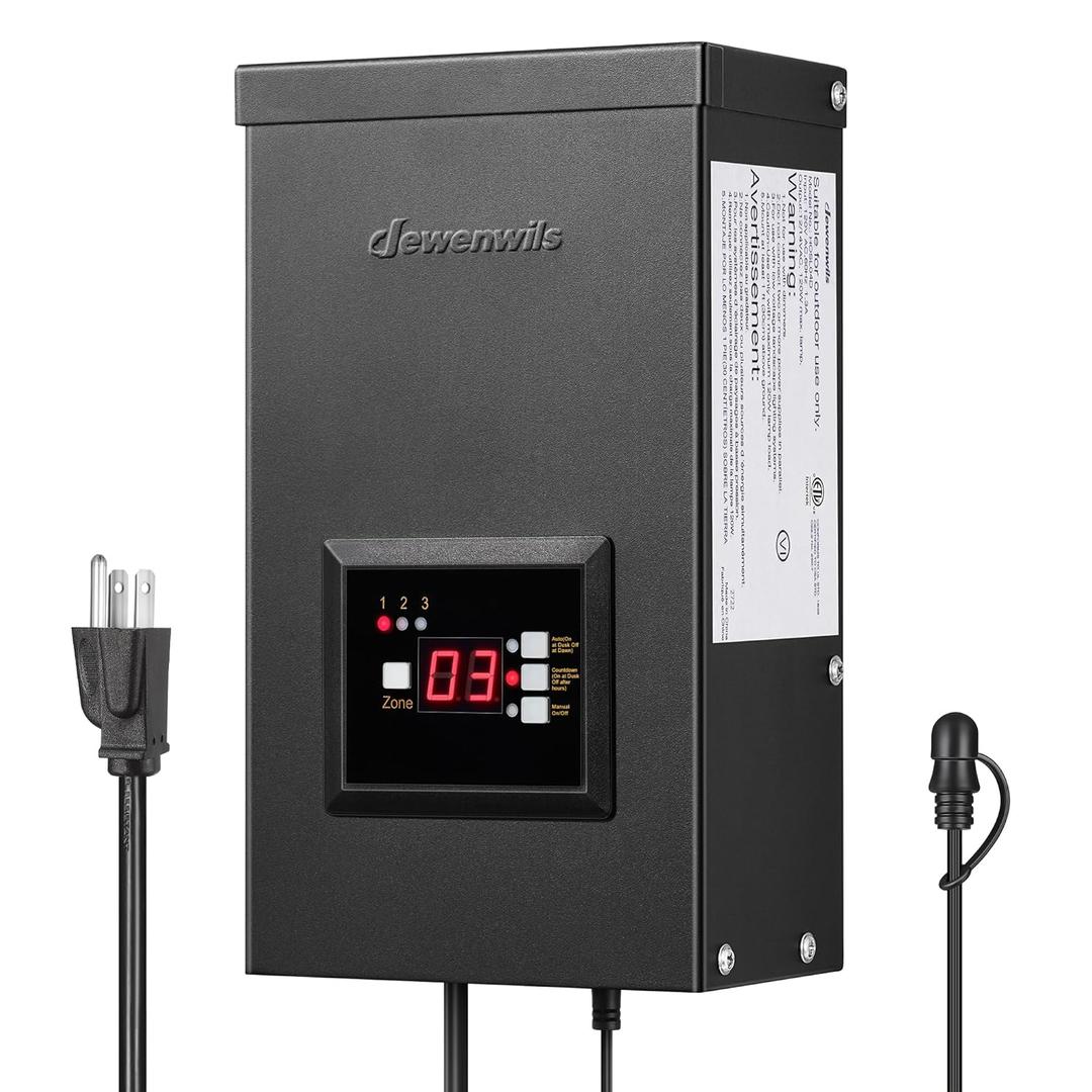 DEWENWILS 200W Low Voltage Transformer with 3 Independent Control Outputs, Landscape Transformer with Timer and Photocell Sensor, 120V AC to 12V/ 14V AC, Weatherproof, ETL Listed
