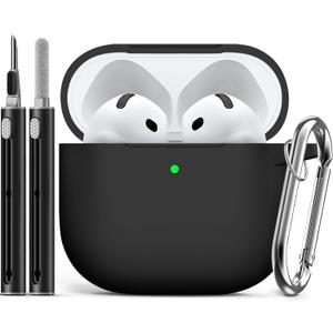 Ljusmicker for AirPods 4 Case 2024 with Cleaner Kit,Soft Silicone Protective Cover for Apple AirPods 4th Generation Cases for Women Men,Compatible with AirPod 4 Case Accessories with Keychain-Black