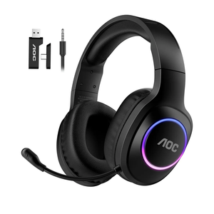 AOC Wireless Gaming Headset Compatible with PS5/4, Nintendo Switch, PC, Bluetooth 5.4 & 2.4GHz Gaming Headphones with Noise Canceling Mic, RGB, Type-C, 20ms Latency, 45H, 7.1 Virtual Surround- Black