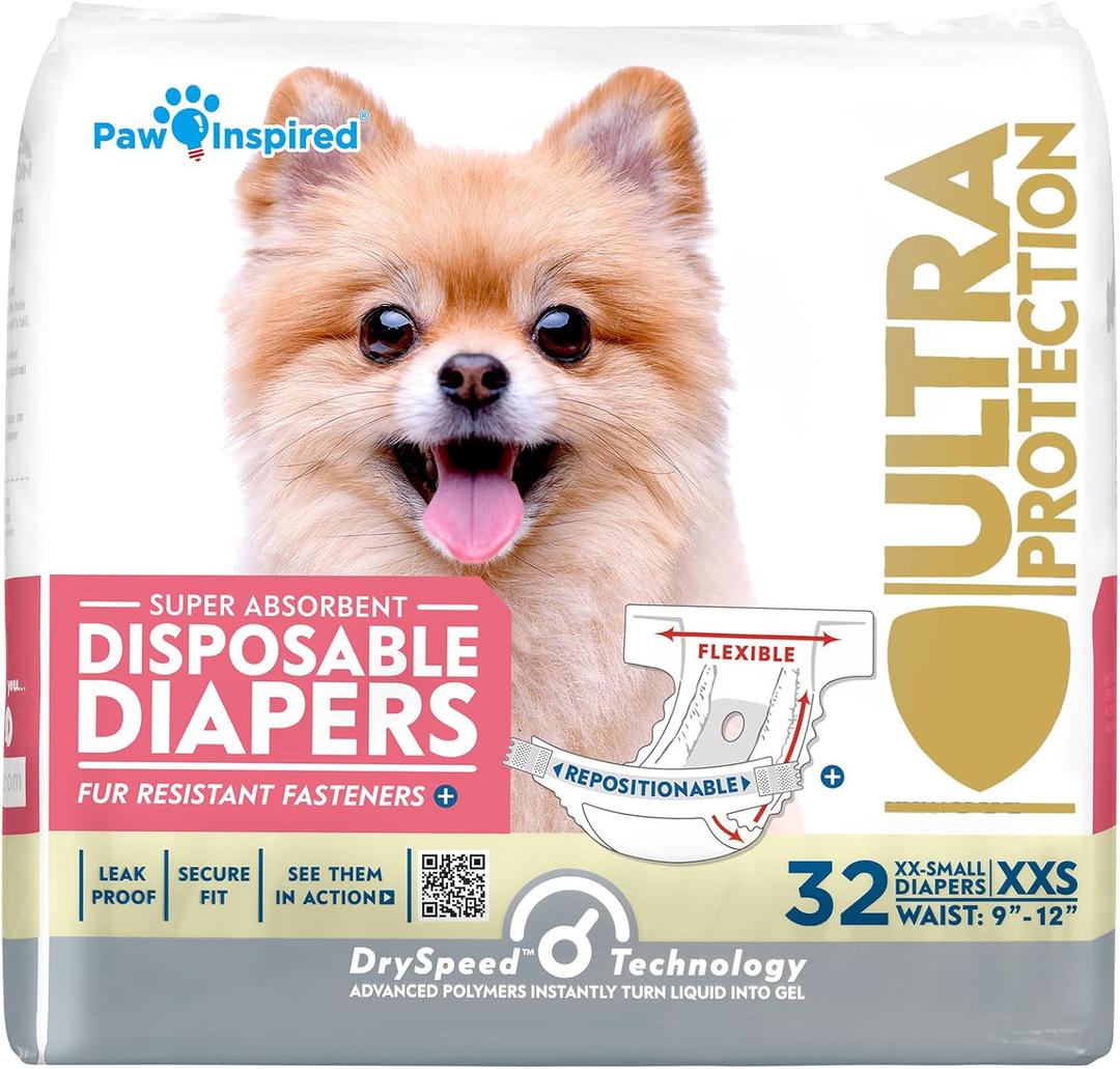 Paw Inspired Disposable Dog Diapers, Female Dog Diapers Ultra Protection, Diapers for Dogs in Heat, Excitable Urination, or Incontinence, XXS, 32 Count