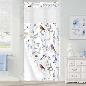 Litabel Blue Cute Floral Small Stall Shower Curtain 36 x 74, No Hook Half Size Narrow Modern Shower Curtain with Snap in Liner, Watercolor Birds, Butterflies, Snails & Flower Design