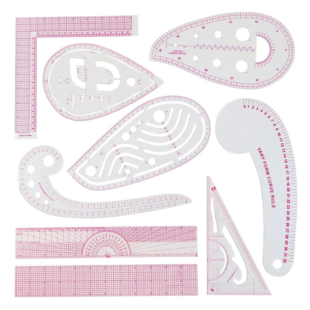 Fashion Clear Metric Sewing Ruler Set, French Curve Pattern Ruler Kit for Beginners Tailors Designers (A-9-Piece Set)
