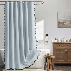 MIULEE 84" Long Scalloped Shower Curtain Linen Textured with 12 Metal Hooks Extra Long Heavy Duty Washable Waterproof Cloth Shower Curtains with Black Border for Bathroom Hotel Bathtub,Light Blue