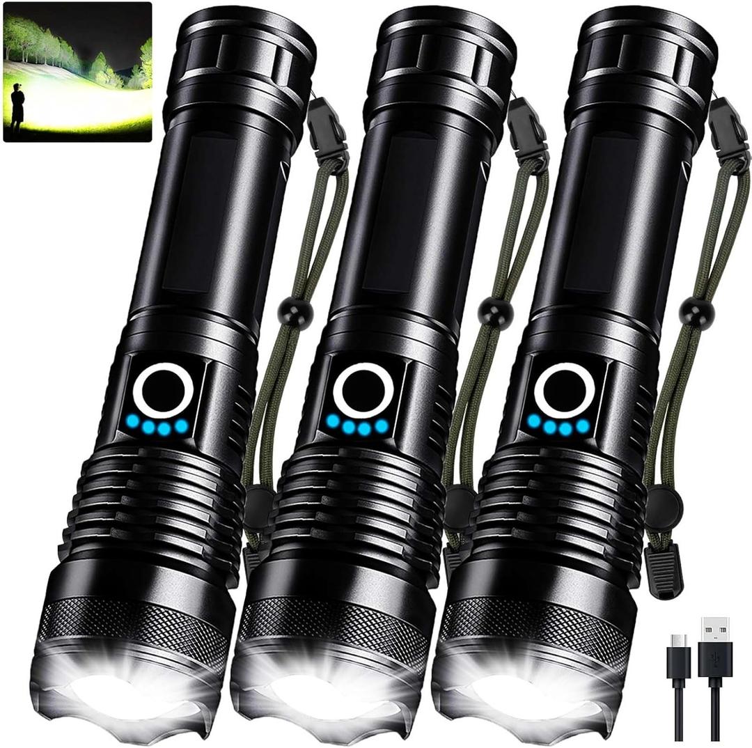 3 Pack Rechargeable LED Flashlights High Lumens, 90,000LM Super Bright Flashlight, Adjustable 5 Modes Powerful Flash Light with USB Cable, Waterproof Handheld Flashlight for Home Camping Emergencies