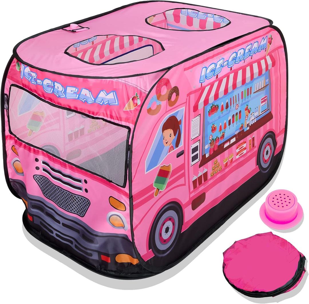 Playbees Musical Ice Cream Truck Pop Up Play Tent with 3 Openings - Tent for Toddlers - Indoor & Outdoor - Pop Up Tents for Kids - Includes Carry Bag and Sound Button- 43.5x28x26.5 Inch