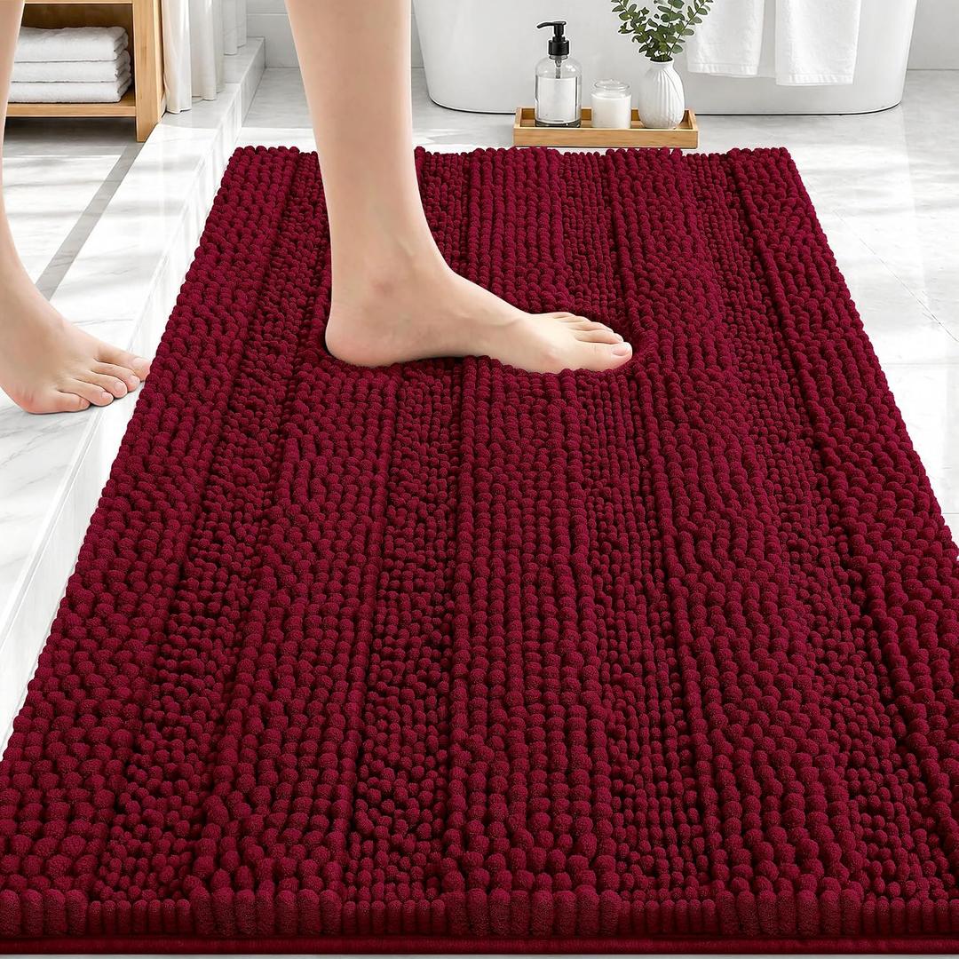 OLANLY Thick Bathroom Rugs 30x20, Extra Soft Absorbent Chenille Striped Bath Rugs, Rubber Backing, Machine Wash Dry, Bath Mats for Bathroom Floor, Tub and Shower, Home Decor Accessories, Burgundy