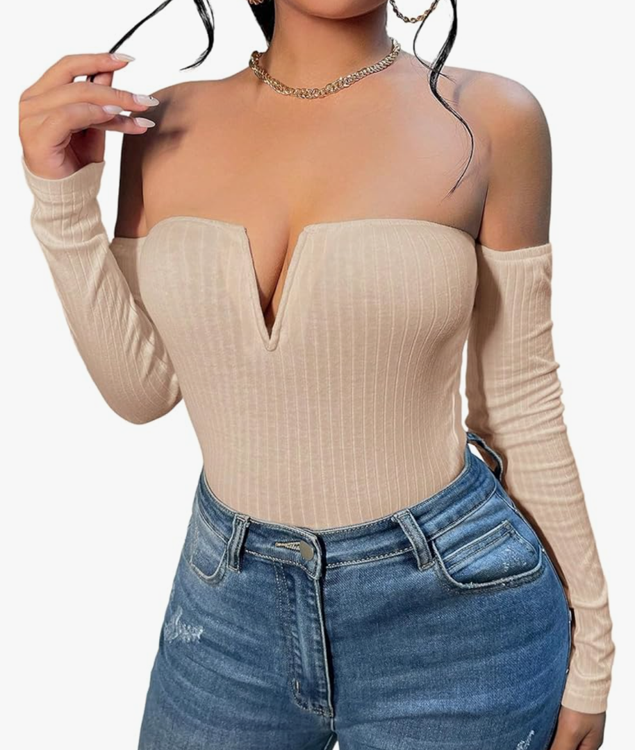 SOLY HUX Women's Off Shoulder Long Sleeve Sexy T Shirt Solid Slim Fit Tee Tops, XXL