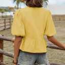 Falechay Womens Summer Tops Bowknot Puff Short Sleeve Blouses Dressy Casual Cute Babydoll Flowy Peplum Shirt for Women (Yellow, L)