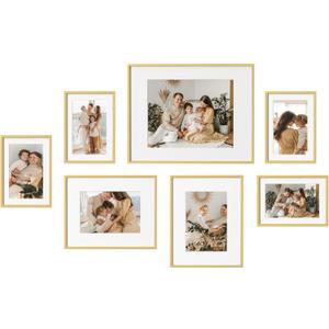 eletecpro Aluminum Gallery Wall Frame Set of 7, Including 1Pc 11x14, 2Pcs 8x10, 4Pcs 5x7 Photo Frames for Wall or Tabletop Display, Multiple Sizes Picture Frames Collage Wall Decor, Gold